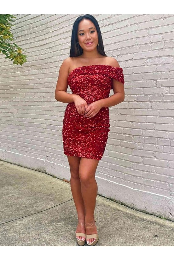 Best Short One Shoulder Sleeveless Velvet Sequin Cocktail Prom Dress