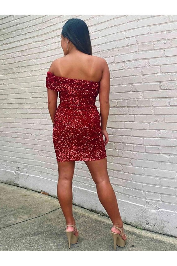 Best Short One Shoulder Sleeveless Velvet Sequin Cocktail Prom Dress