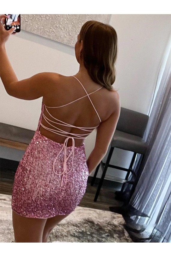 Best Spaghetti Straps Sleeveless Short Velvet Sequin Prom Dress