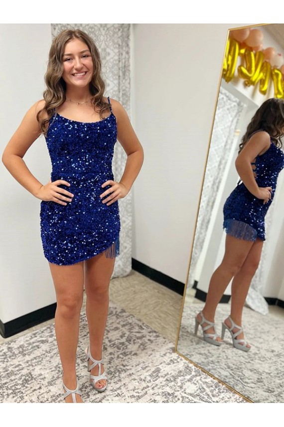 Best Spaghetti Straps Backless Sleeveless Short Velvet Sequin Prom Dress