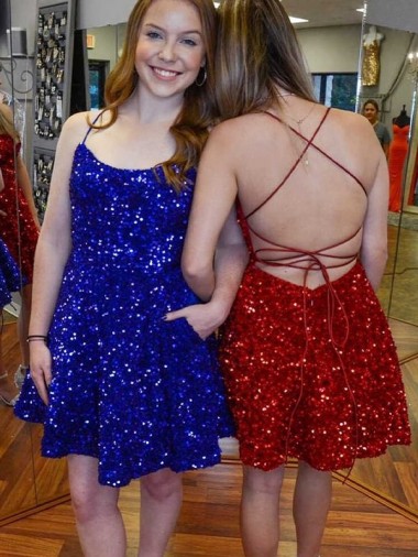 Best A-Line Spaghetti Straps Sleeveless Short Velvet Sequin Prom Dress