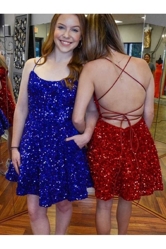 Best A-Line Spaghetti Straps Sleeveless Short Velvet Sequin Prom Dress