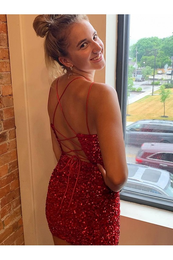 Best V-Neck Sleeveless Short Velvet Sequins Prom Dress