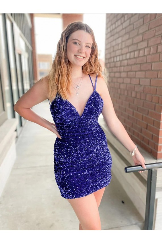 Best Sleeveless Short Velvet Sequin V-Neck Prom Dress