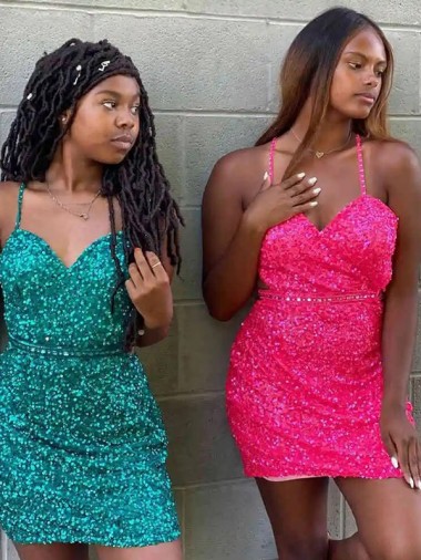 Best V-Neck Sleeveless Short Velvet Sequin Cocktail Dress