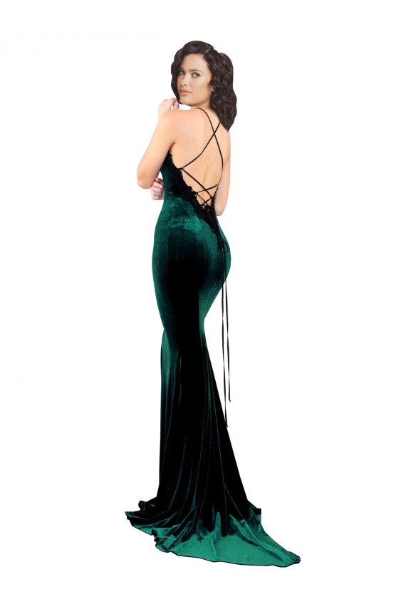 Best High Neck Stretch Velvet Prom Dress with Black Lace Embroidery