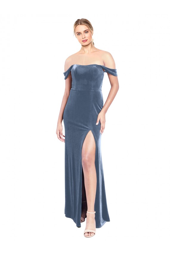 Best Draped Sleeves Wide Scoop Neck Off the Shoulder Velvet Prom Dress