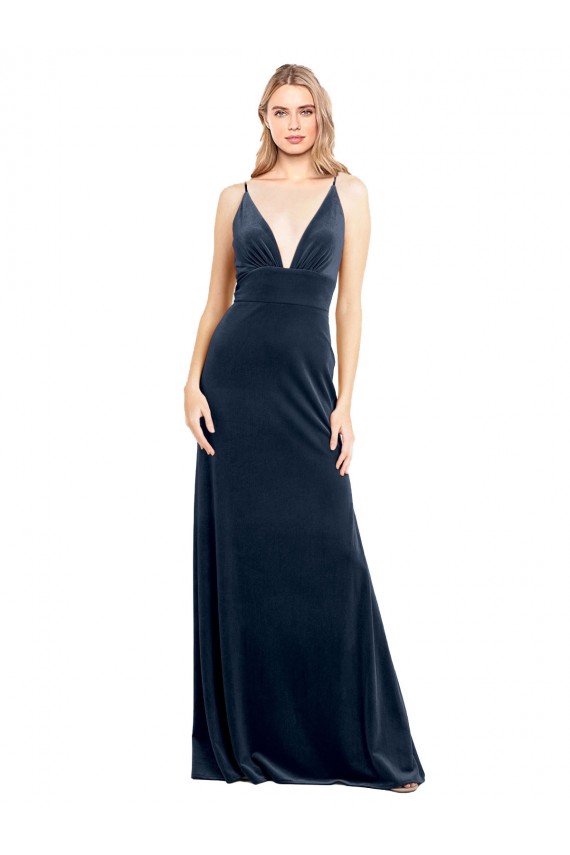 Best V-Back Long Velvet Prom Dress with Notched V-Neck and Spaghetti Straps