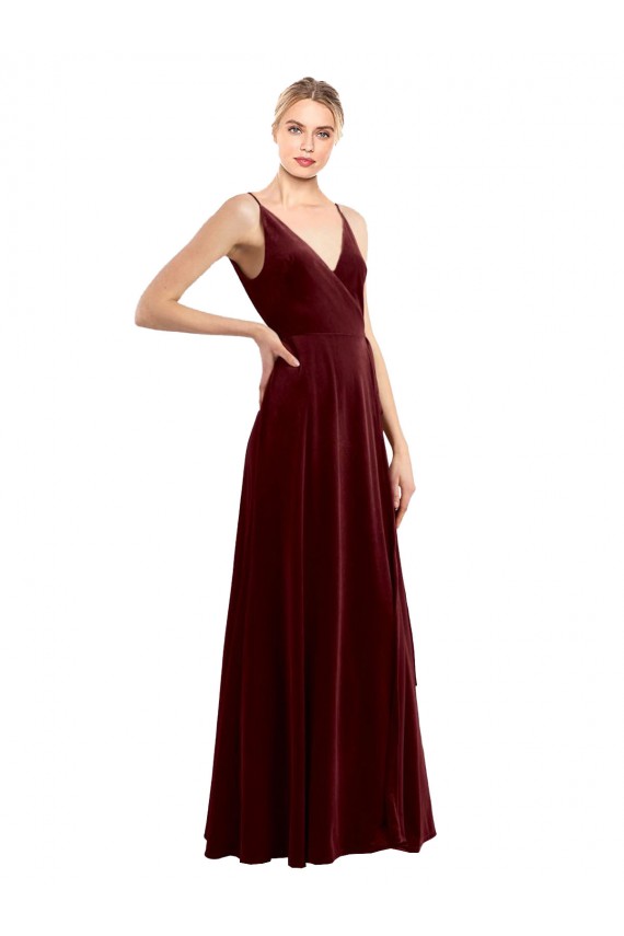 Best Faux Wrap V-Neck Sleek Long Velvet Prom Dress