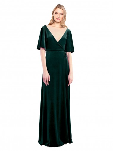 Best Deep V-Neck Flutter Sleeves Long Velvet Wrap Prom Dress