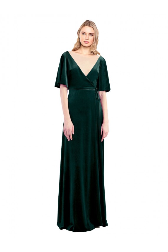 Best Deep V-Neck Flutter Sleeves Long Velvet Wrap Prom Dress