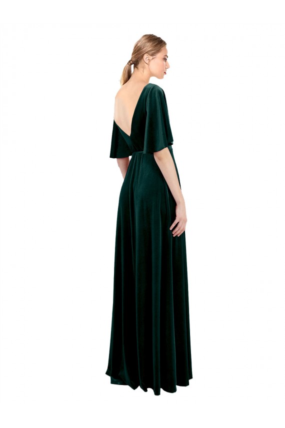 Best Deep V-Neck Flutter Sleeves Long Velvet Wrap Prom Dress