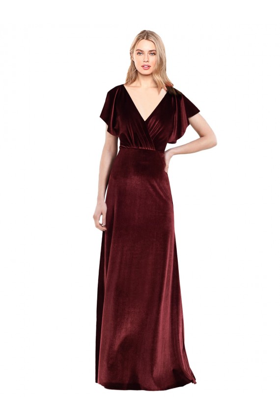 Best Flutter Sleeves Open Back Long Velvet Prom Dress