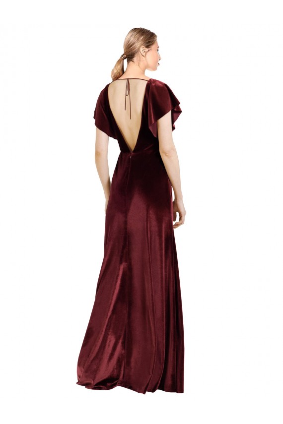Best Flutter Sleeves Open Back Long Velvet Prom Dress