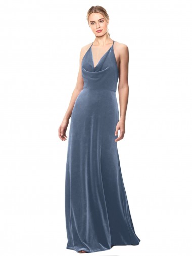 Best Halter Cowl Neck Long A-Line Velvet Prom Dress with Keyhole Back