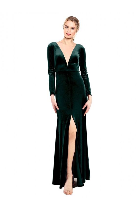 Best Plunging V-Neckline Long Sleeves Open Back Velvet Prom Dress