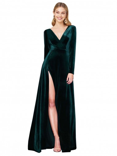 Best Deep V-Neck Long Sleeves Velvet Prom Dress with High Side Split