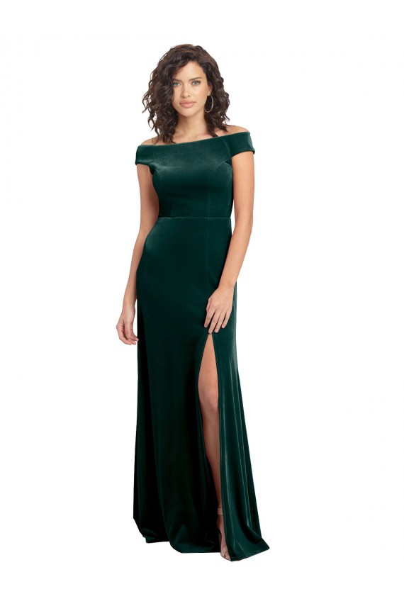 Best Floor Length Cap Sleeves Long Velvet Prom Dress with High Side Slit