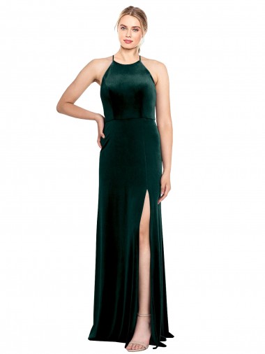 Best Long Jewel Neck Full Length Velvet Prom Dress with Side Slit