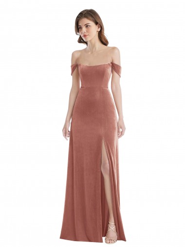 Best Off the Shoulder Flounce Sleeve Velvet Maxi Prom Dress & Pockets