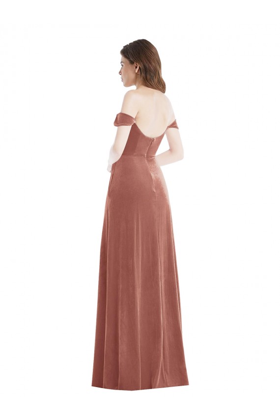 Best Off the Shoulder Flounce Sleeve Velvet Maxi Prom Dress & Pockets