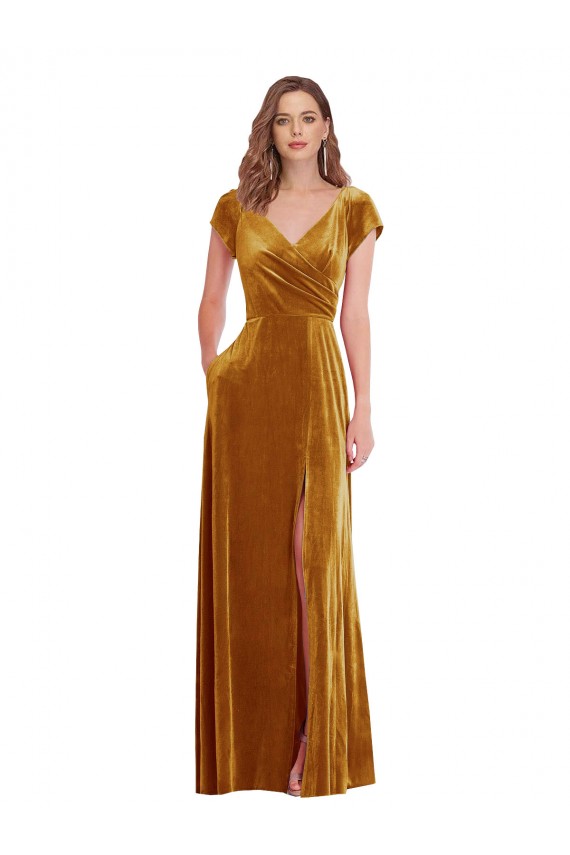 Best Cap Sleeve Faux Wrap Velvet Maxi Prom Dress with Pockets