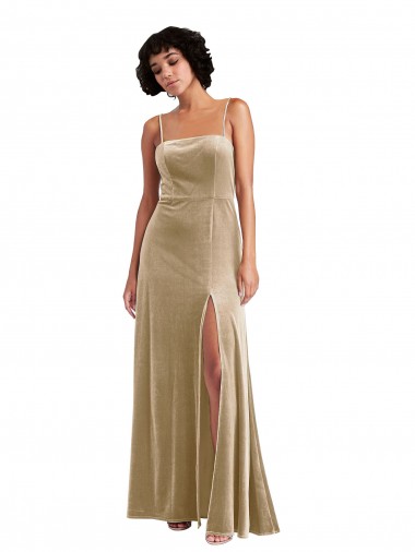 Best Square Neck Velvet Maxi Prom Dress with Front Slit & Pockets