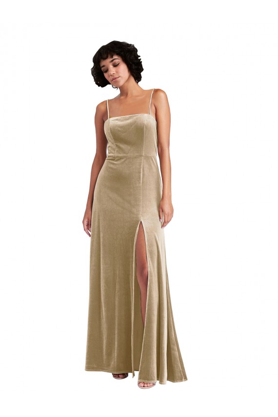 Best Square Neck Velvet Maxi Prom Dress with Front Slit & Pockets