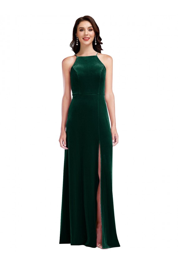 Best Velvet Halter Maxi Prom Dress with Front Slit & Pockets