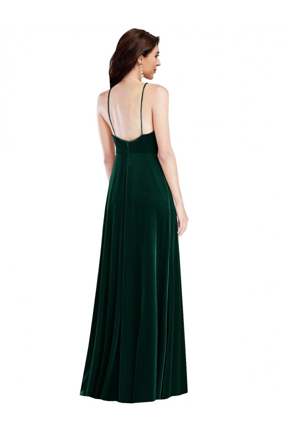 Best Velvet Halter Maxi Prom Dress with Front Slit & Pockets