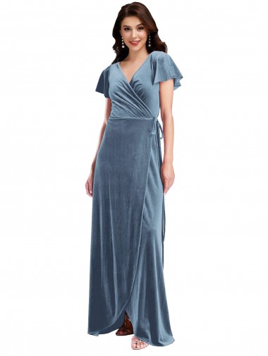 Best Flutter Sleeve Velvet Wrap Maxi Prom Dress with Pockets