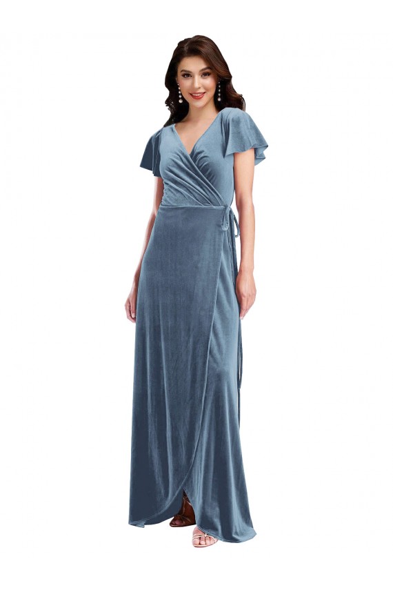 Best Flutter Sleeve Velvet Wrap Maxi Prom Dress with Pockets