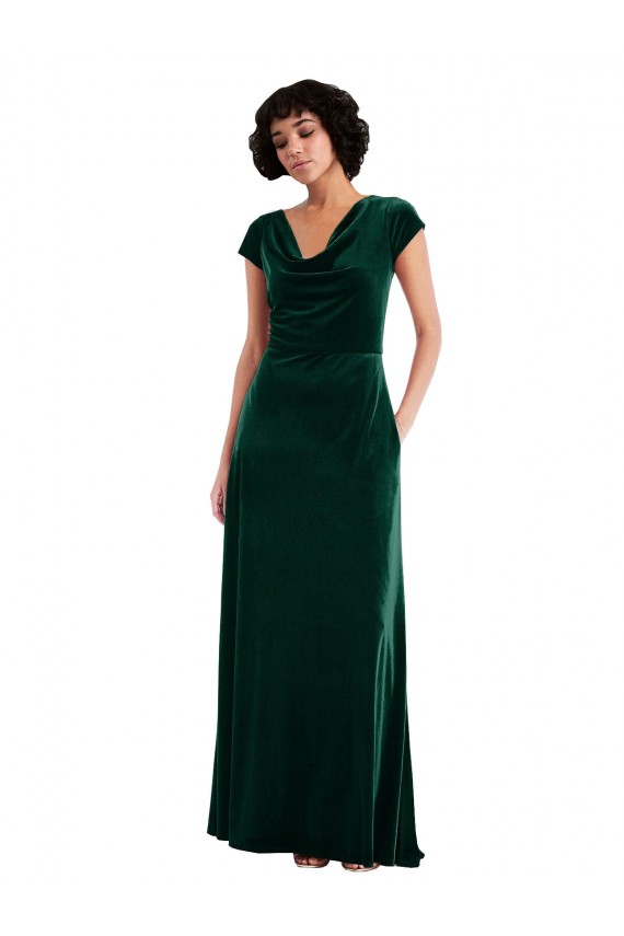 Best Cowl Neck Cap Sleeve Velvet Maxi Prom Dress with Pockets