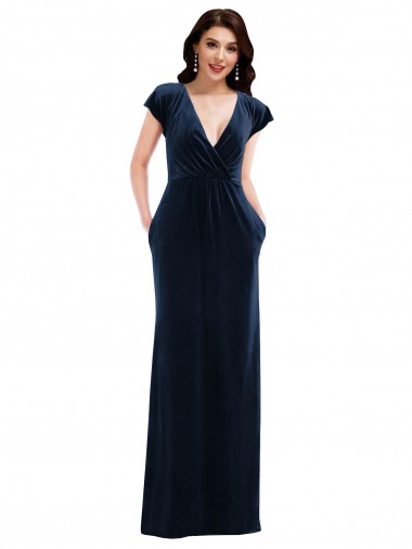 Best Flutter Sleeve Wrap Bodice Velvet Maxi Prom Dress with Pockets
