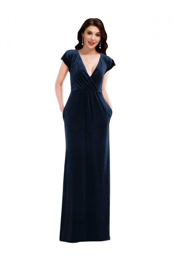 Best Flutter Sleeve Wrap Bodice Velvet Maxi Prom Dress with Pockets