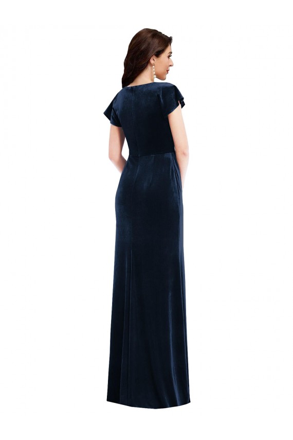 Best Flutter Sleeve Wrap Bodice Velvet Maxi Prom Dress with Pockets