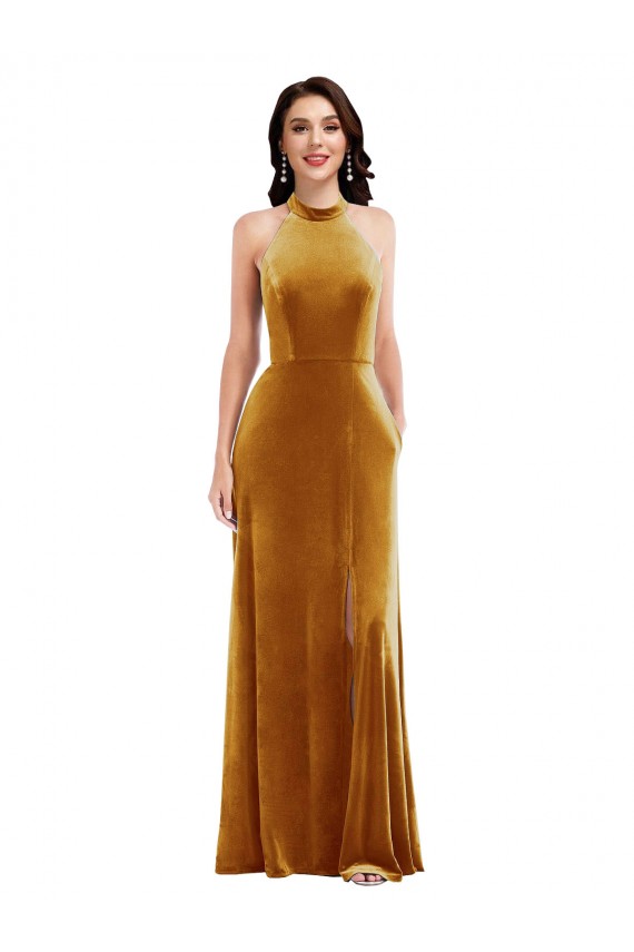 Best High-Neck Halter Velvet Maxi Prom Dress with Front Slit
