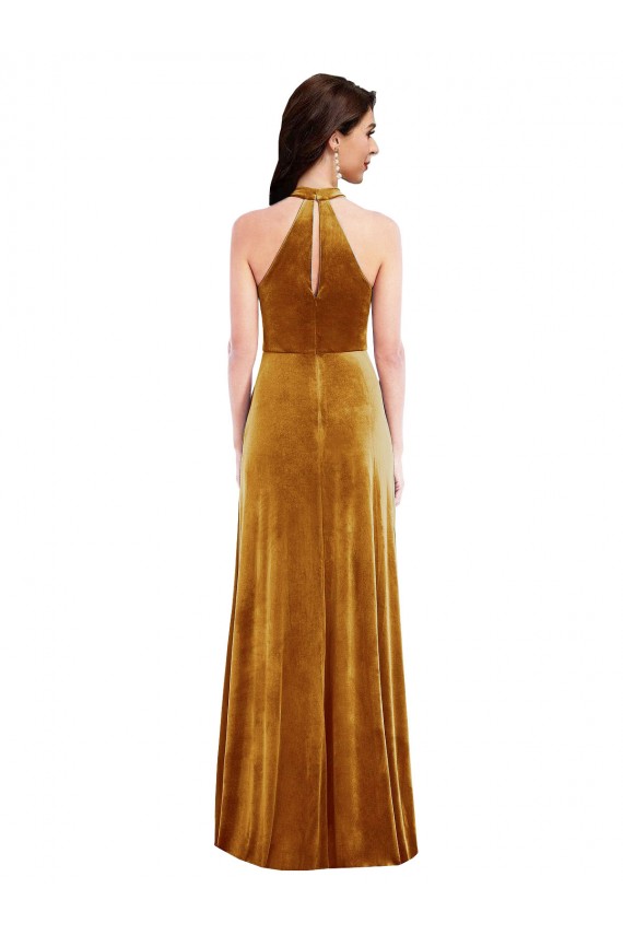 Best High-Neck Halter Velvet Maxi Prom Dress with Front Slit
