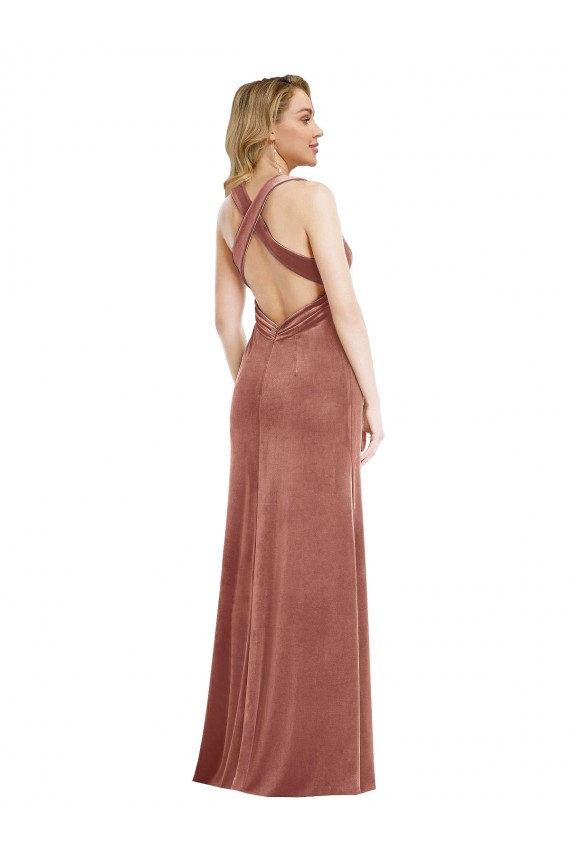 Best Plunging Neckline Velvet Maxi Prom Dress with Criss Cross Open Back