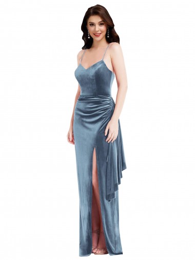 Best Spaghetti Strap Velvet Maxi Prom Dress with Draped Skirt