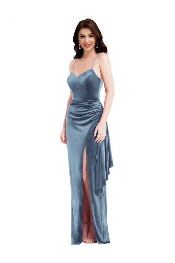 Best Spaghetti Strap Velvet Maxi Prom Dress with Draped Skirt