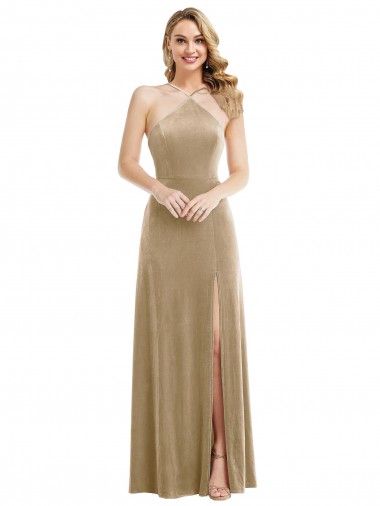 Best High Neck Halter Open Back Long Velvet Maxi Prom Dress with Pockets
