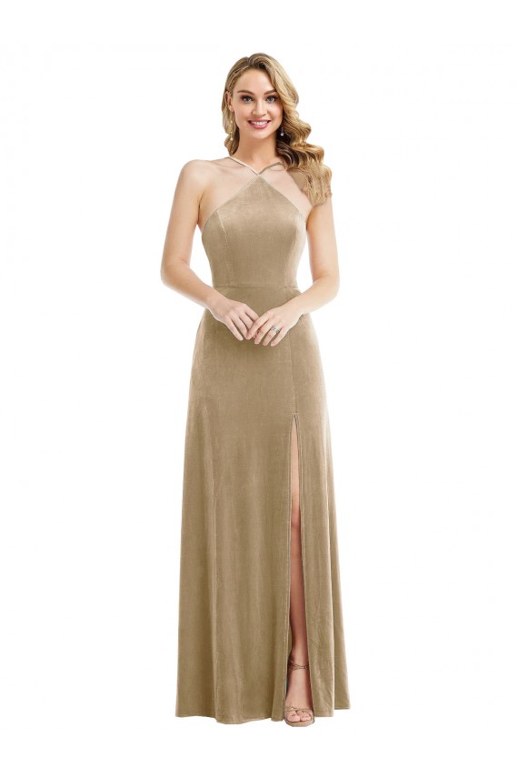Best High Neck Halter Open Back Long Velvet Maxi Prom Dress with Pockets