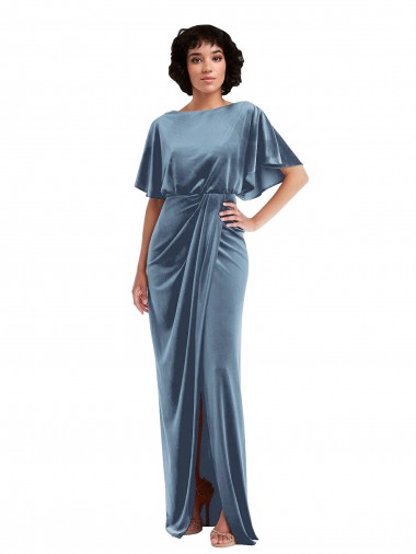 Best Flutter Sleeve Open Back Velvet Maxi Prom Dress with Pockets & Draped Wrap Skirt