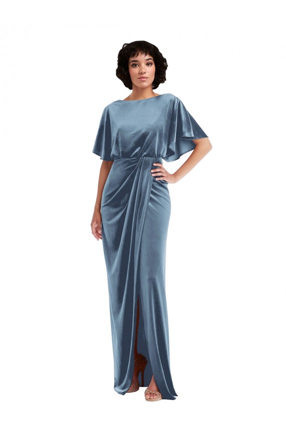 Best Flutter Sleeve Open Back Velvet Maxi Prom Dress with Pockets & Draped Wrap Skirt