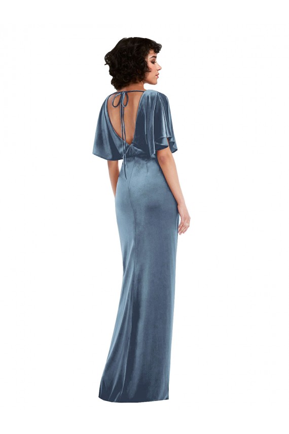 Best Flutter Sleeve Open Back Velvet Maxi Prom Dress with Pockets & Draped Wrap Skirt