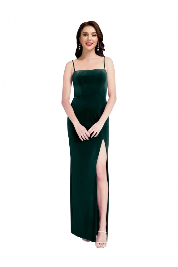 Best Straight Neckline Spaghetti Straps Long Velvet Prom Dress with High Side Slit