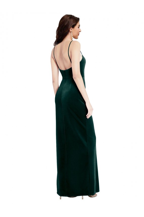 Best Straight Neckline Spaghetti Straps Long Velvet Prom Dress with High Side Slit