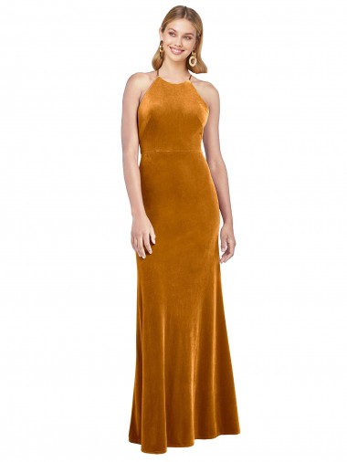 Best Halter Neckline Long Full Length Velvet Prom Dress with Strappy Back