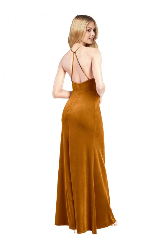 Best Halter Neckline Long Full Length Velvet Prom Dress with Strappy Back
